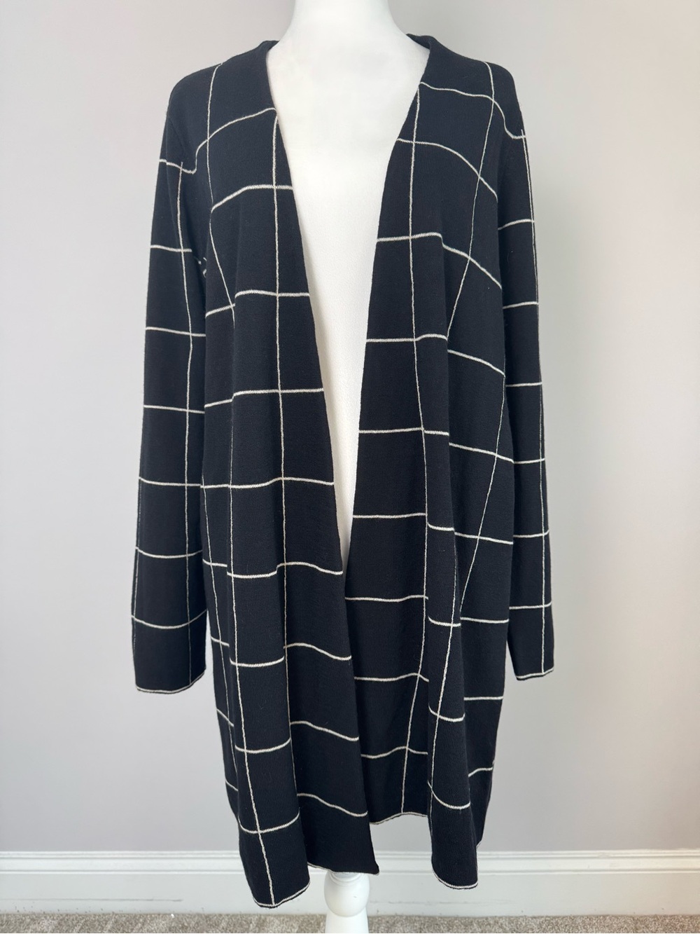 Eileen Fisher Black Windowpane Open-Front Cardigan Sweater 100% Wool Size M